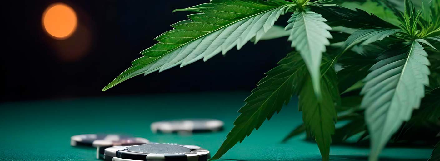 green cannabis leaves close up gambling background