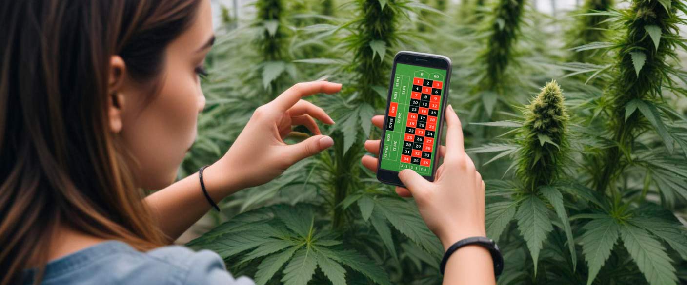 young woman play roulette at cannabis plant